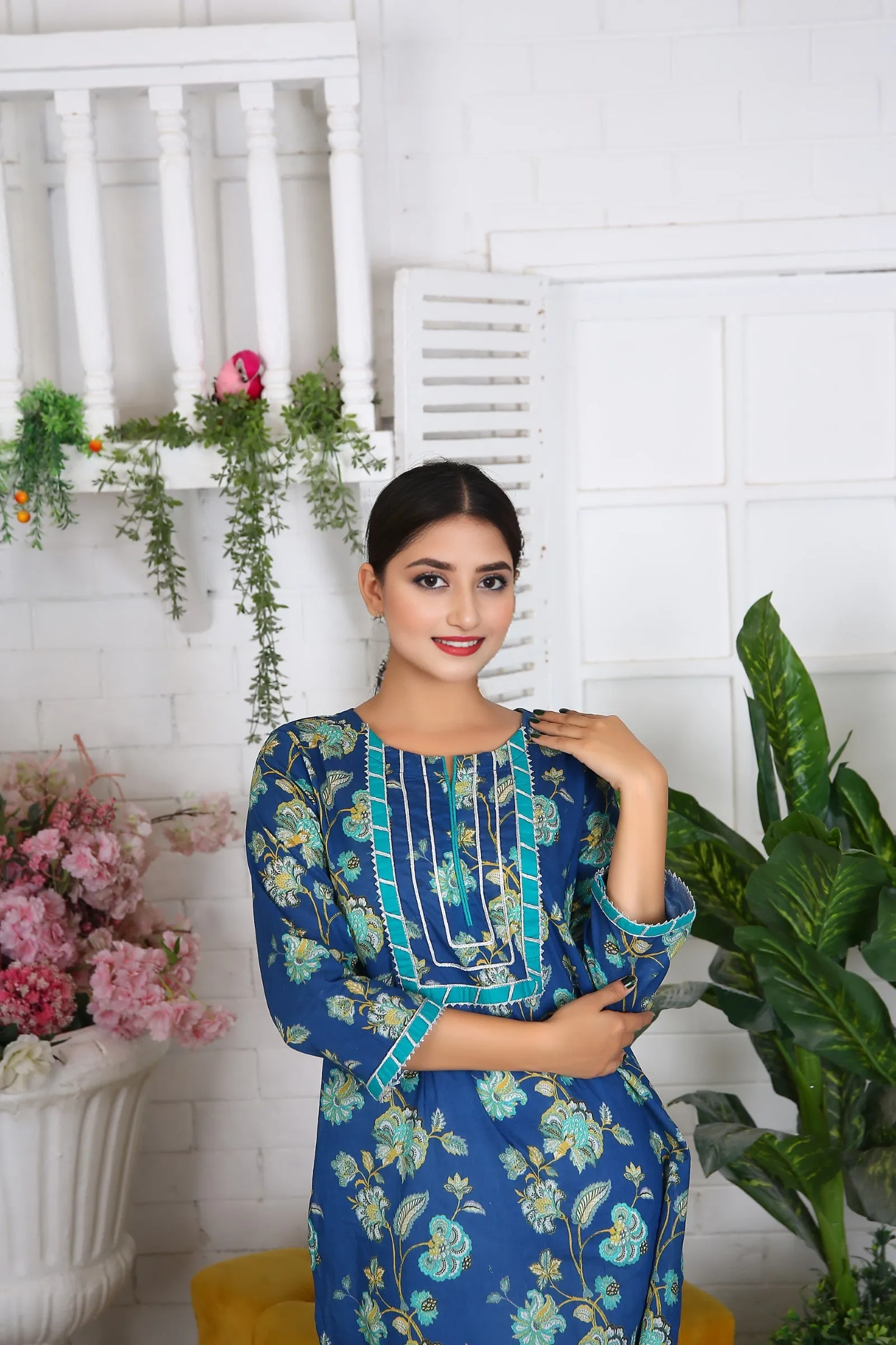 100% Cotton Printed Long Kurti for Women - Elegant Blue Floral Design