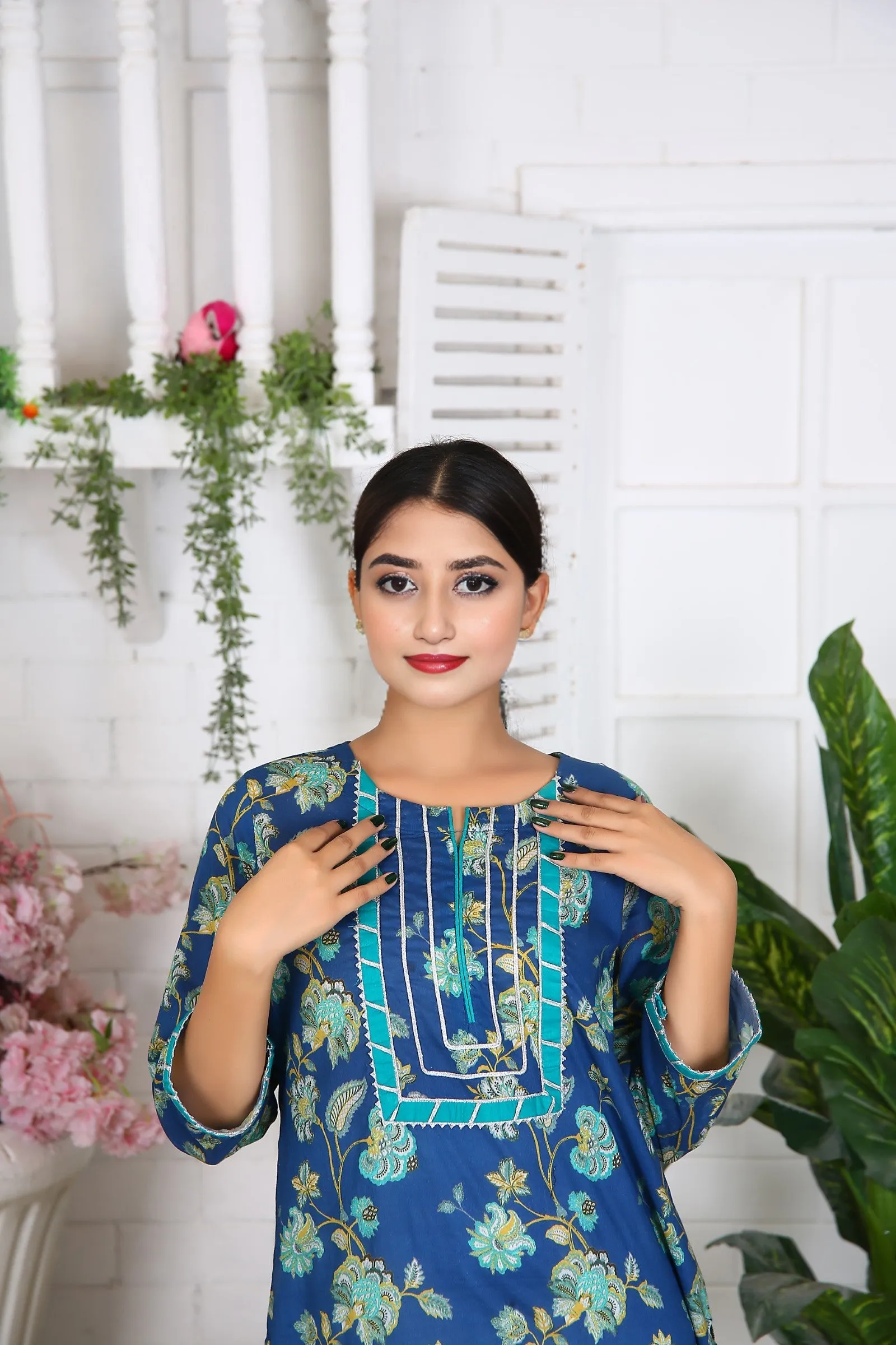 100% Cotton Printed Long Kurti for Women - Elegant Blue Floral Design