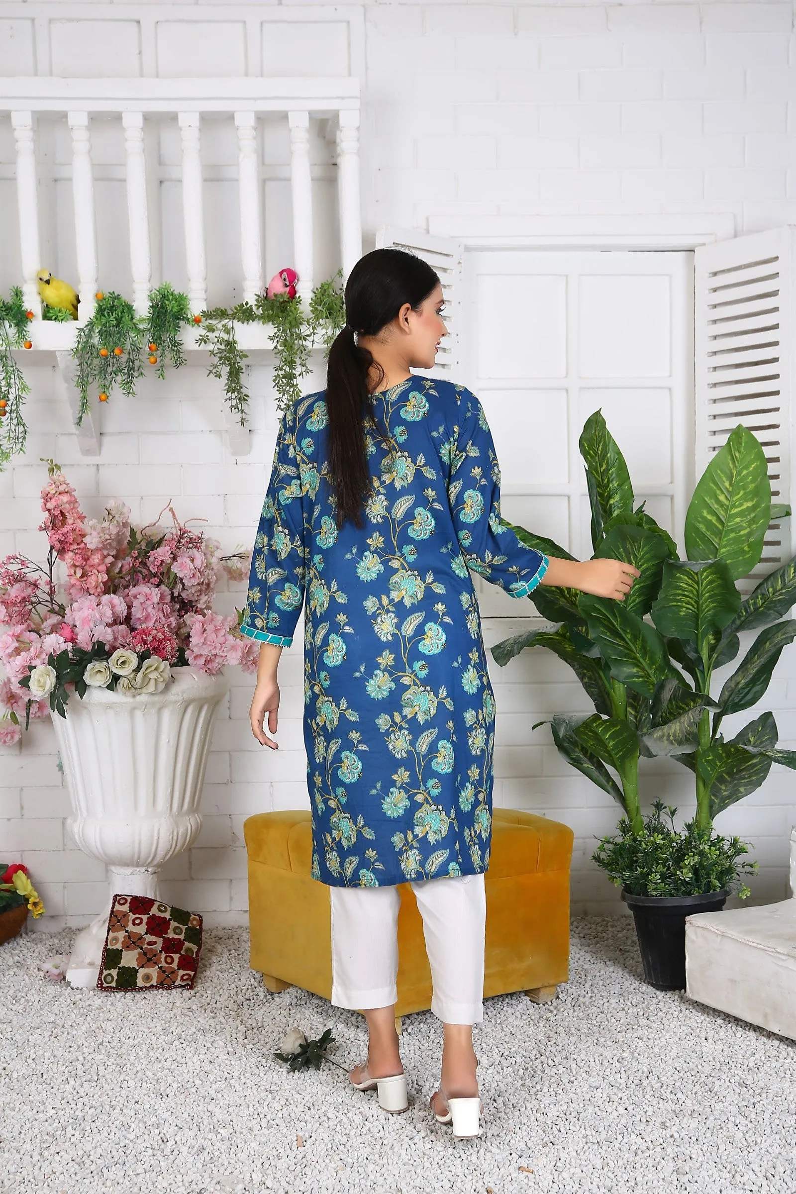 100% Cotton Printed Long Kurti for Women - Elegant Blue Floral Design