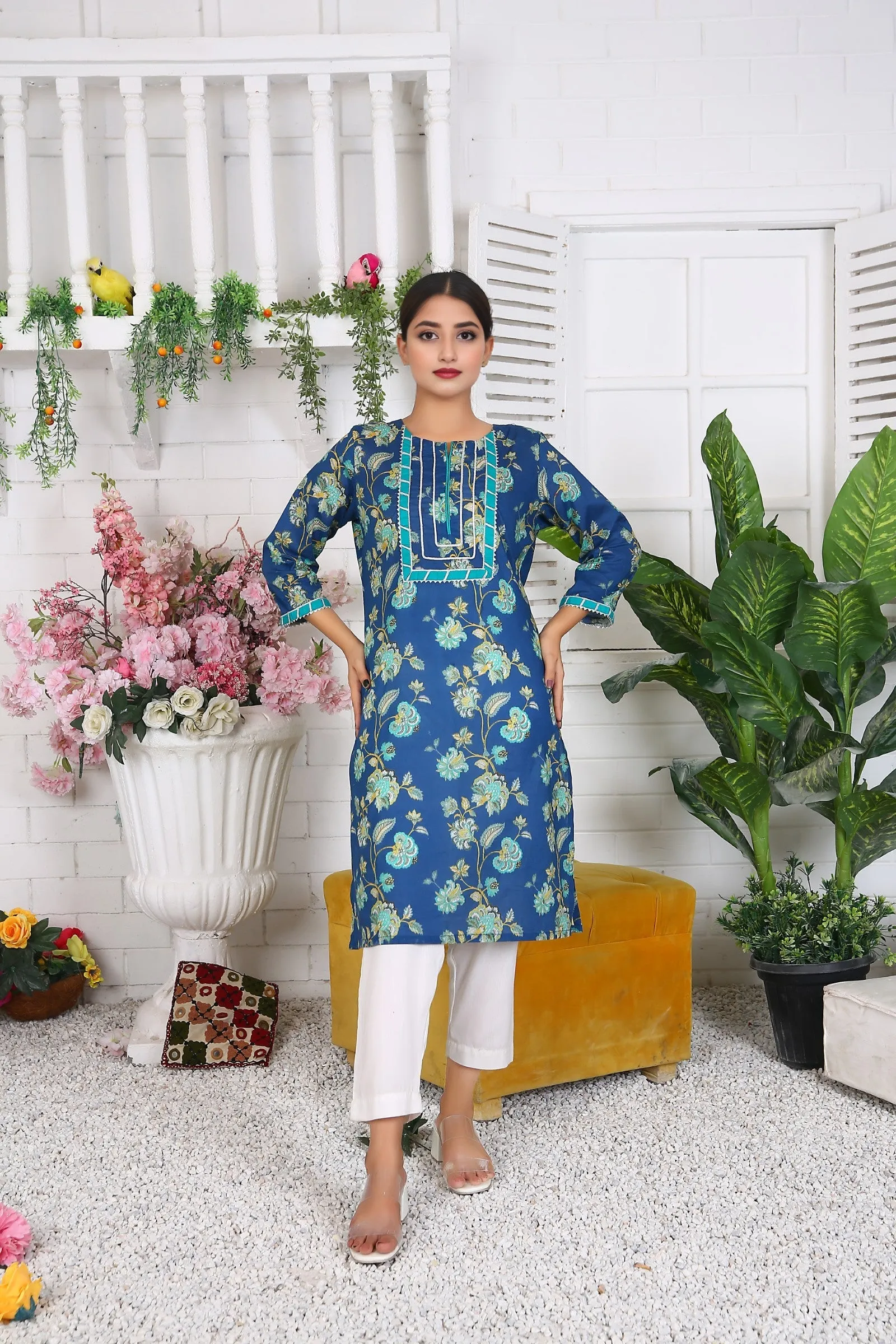 100% Cotton Printed Long Kurti for Women - Elegant Blue Floral Design