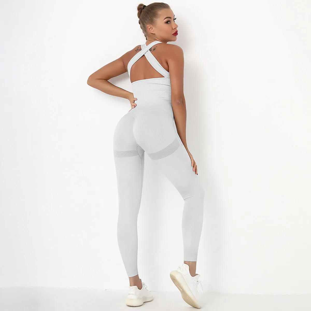 2023 Bandage Solid Color Workout Jumpsuit For Women Custom Logo Yoga Set With Pocket