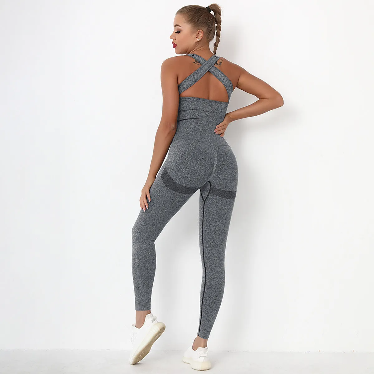 2023 Bandage Solid Color Workout Jumpsuit For Women Custom Logo Yoga Set With Pocket