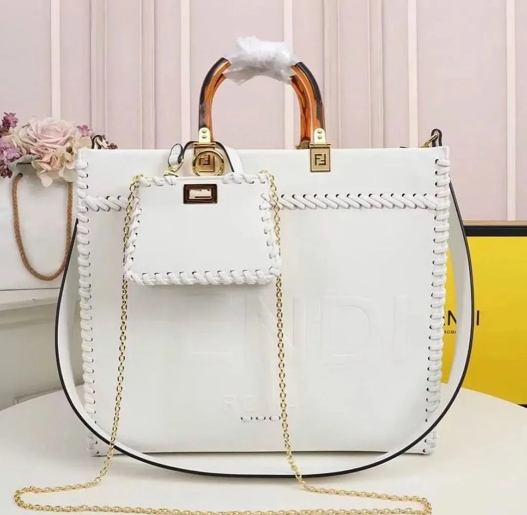 Fendi Sunshine Tote Bag Orange White With Decorative Stitching