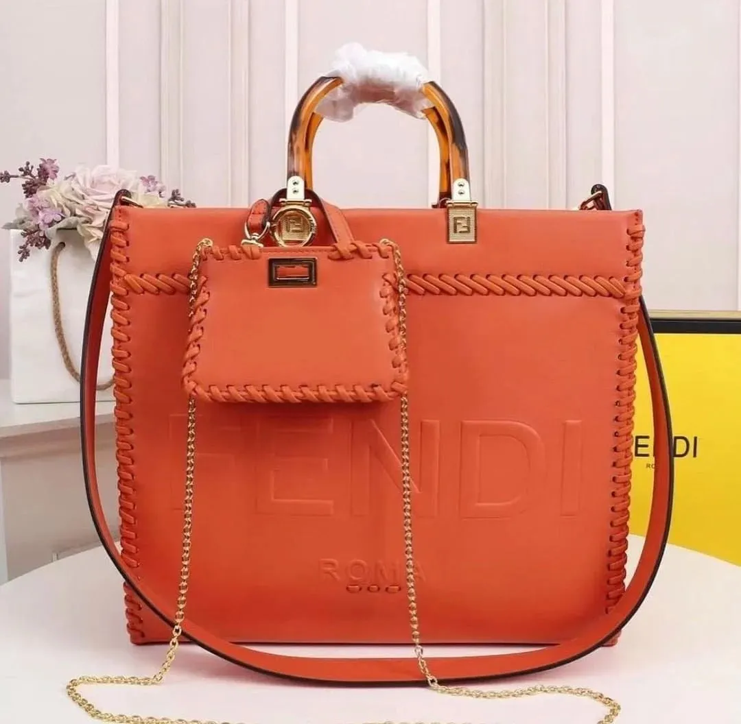 Fendi Sunshine Tote Bag Orange  With Decorative Stitching