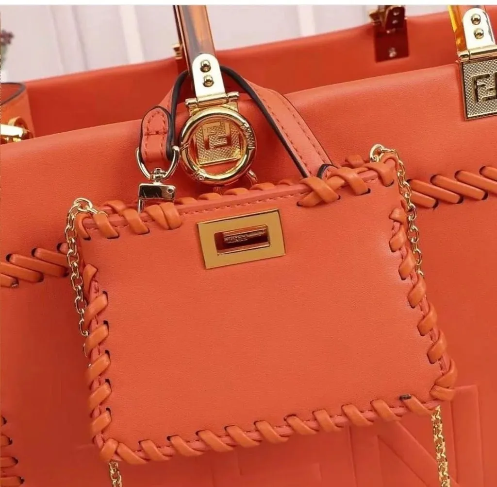Fendi Sunshine Tote Bag Orange  With Decorative Stitching