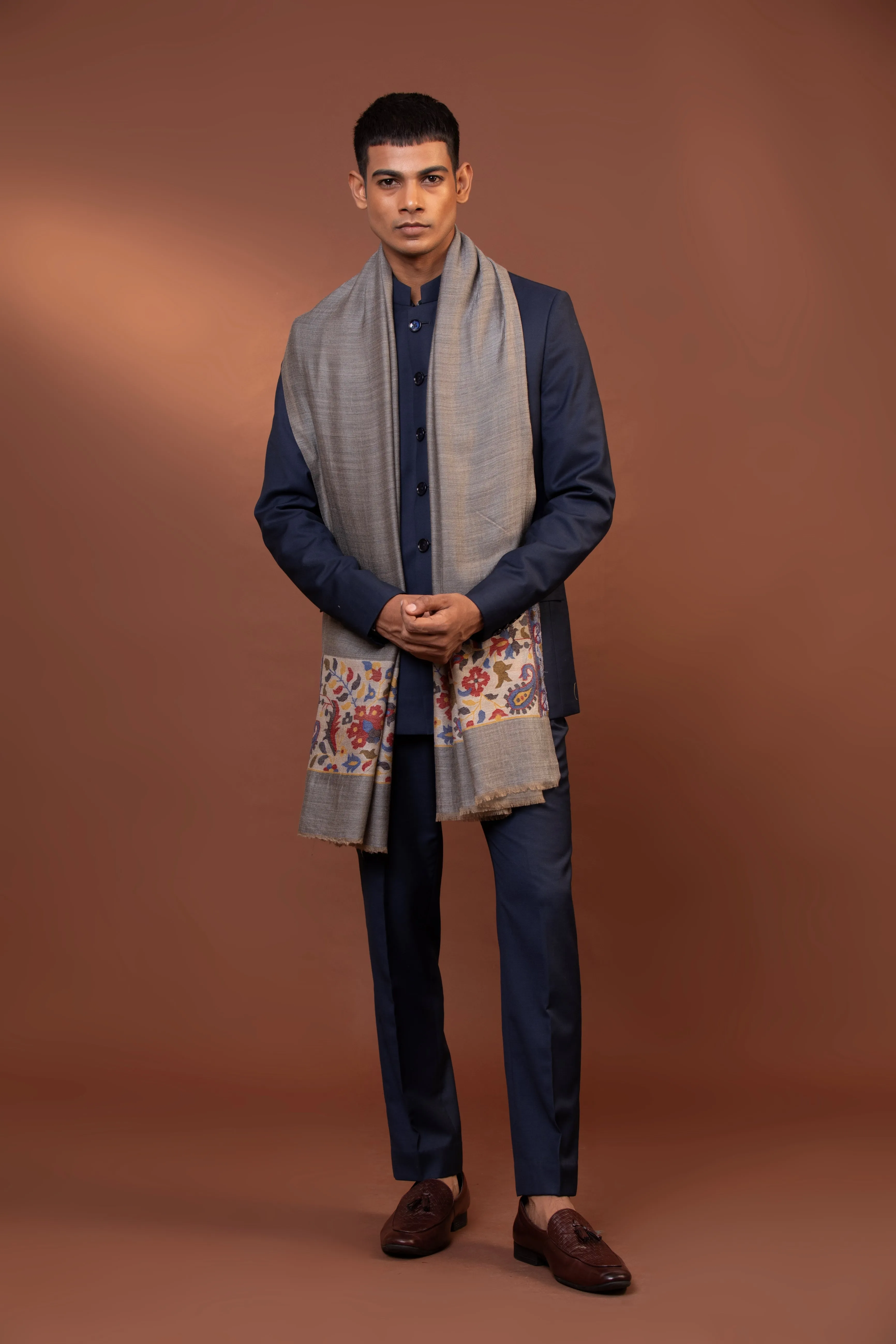 Grey Fine Wool  Shawl for Men with Kani Detailing