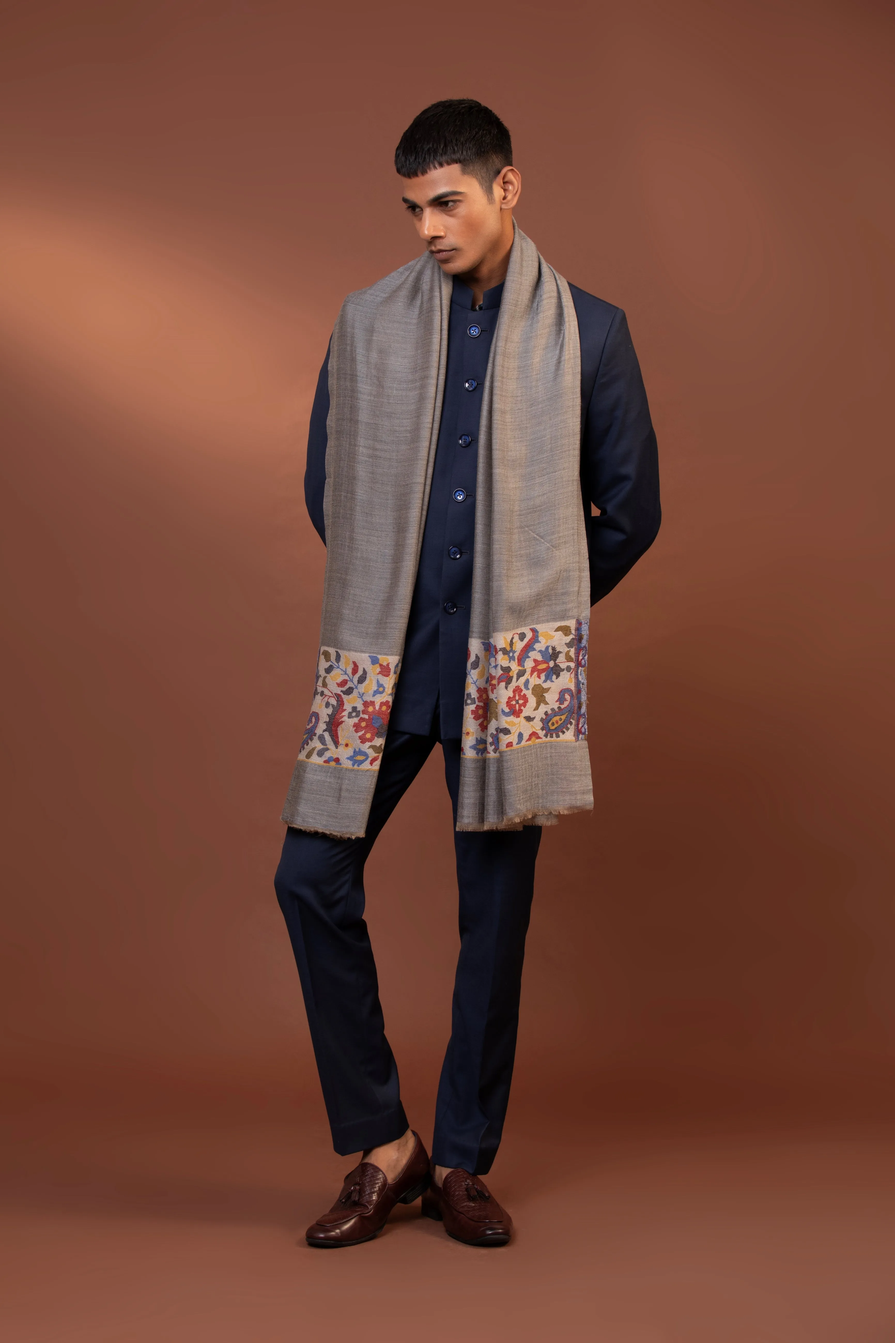 Grey Fine Wool  Shawl for Men with Kani Detailing