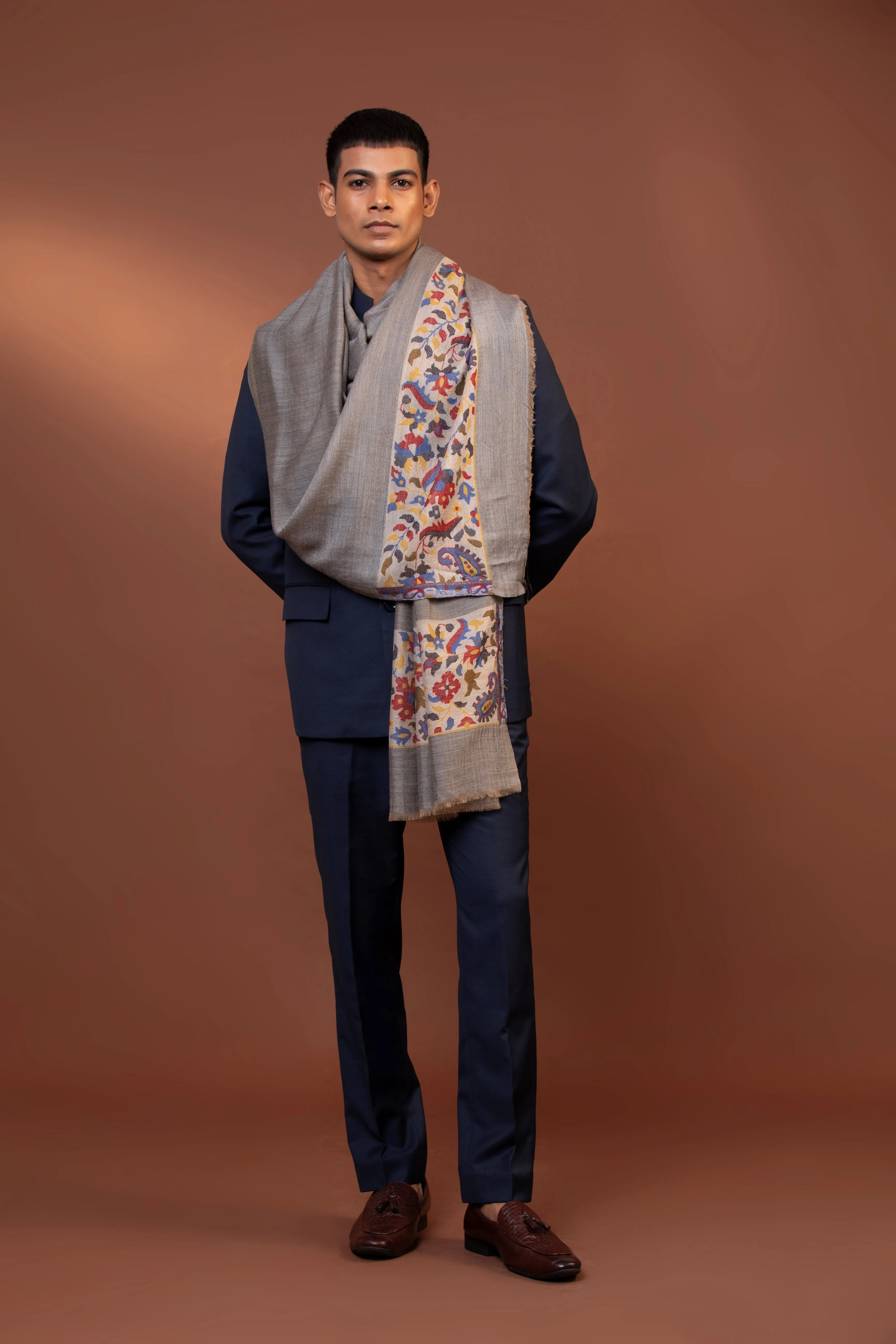 Grey Fine Wool  Shawl for Men with Kani Detailing