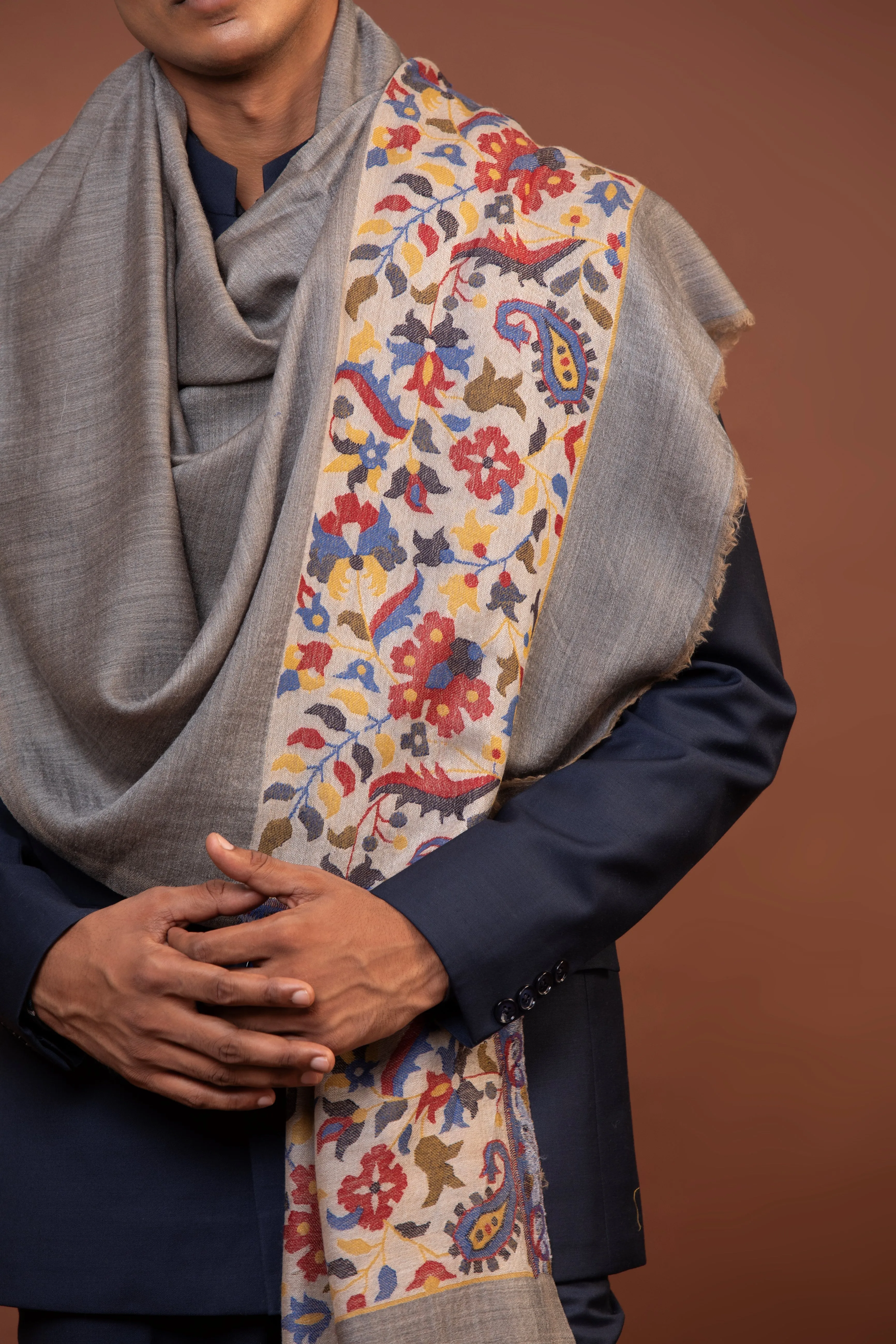 Grey Fine Wool  Shawl for Men with Kani Detailing