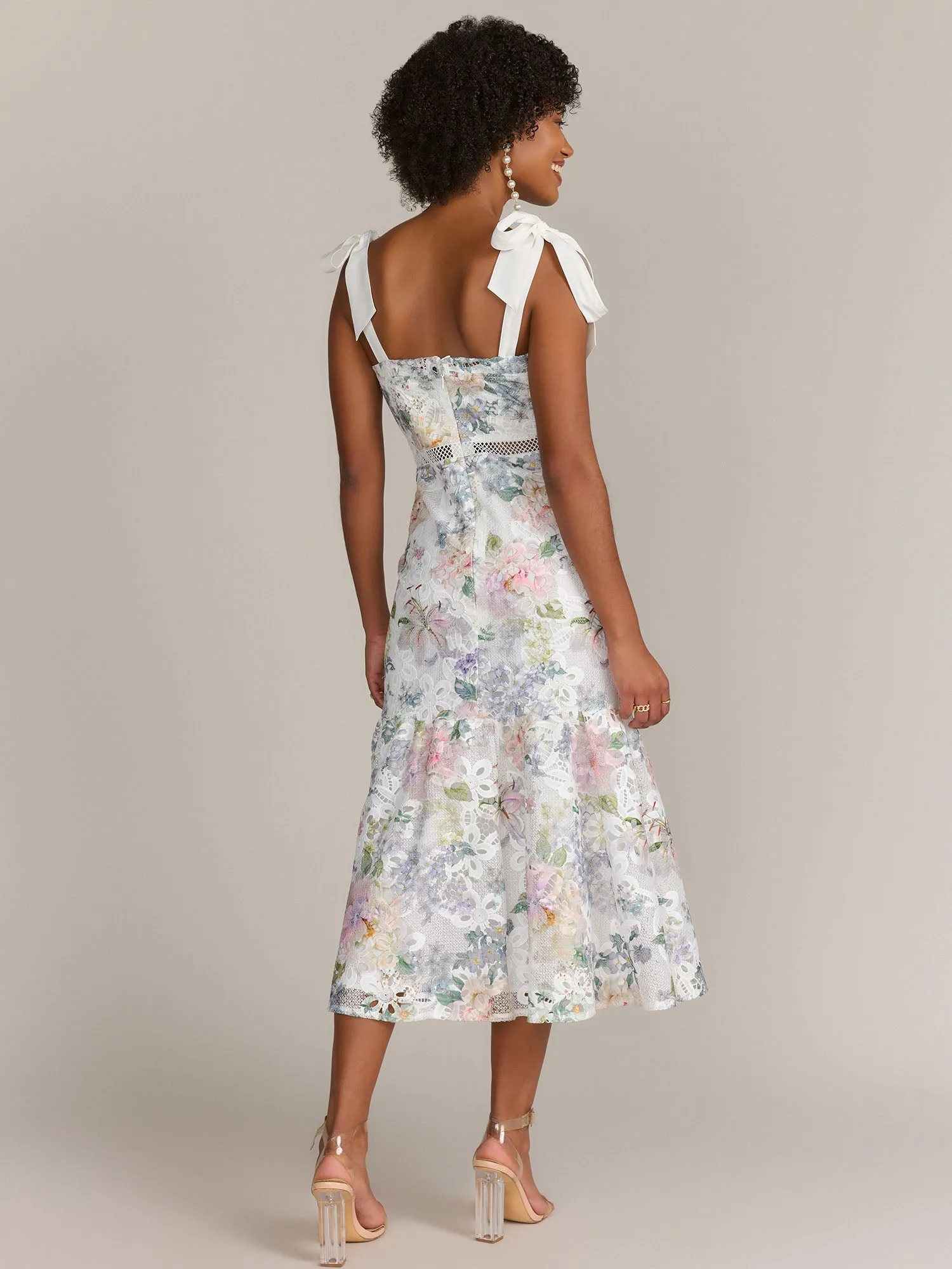 Just Me Tie Shoulder Floral Print Lace Midi Dress - Brands We Love